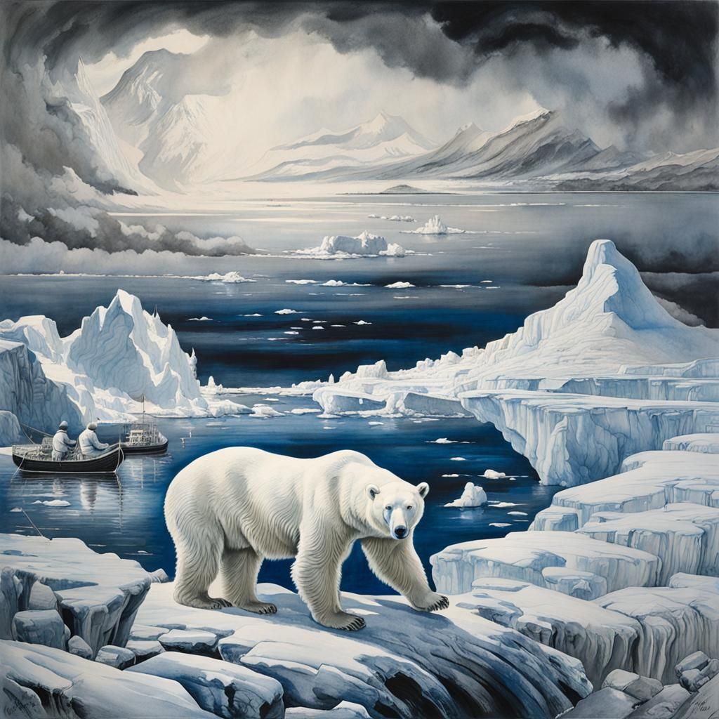 Monochrome Polar Bear at North Pole in Ink Wash Style
