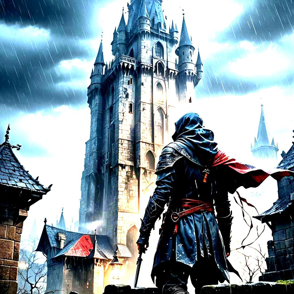 Mysterious Assassin Under Dark Castle Canopy