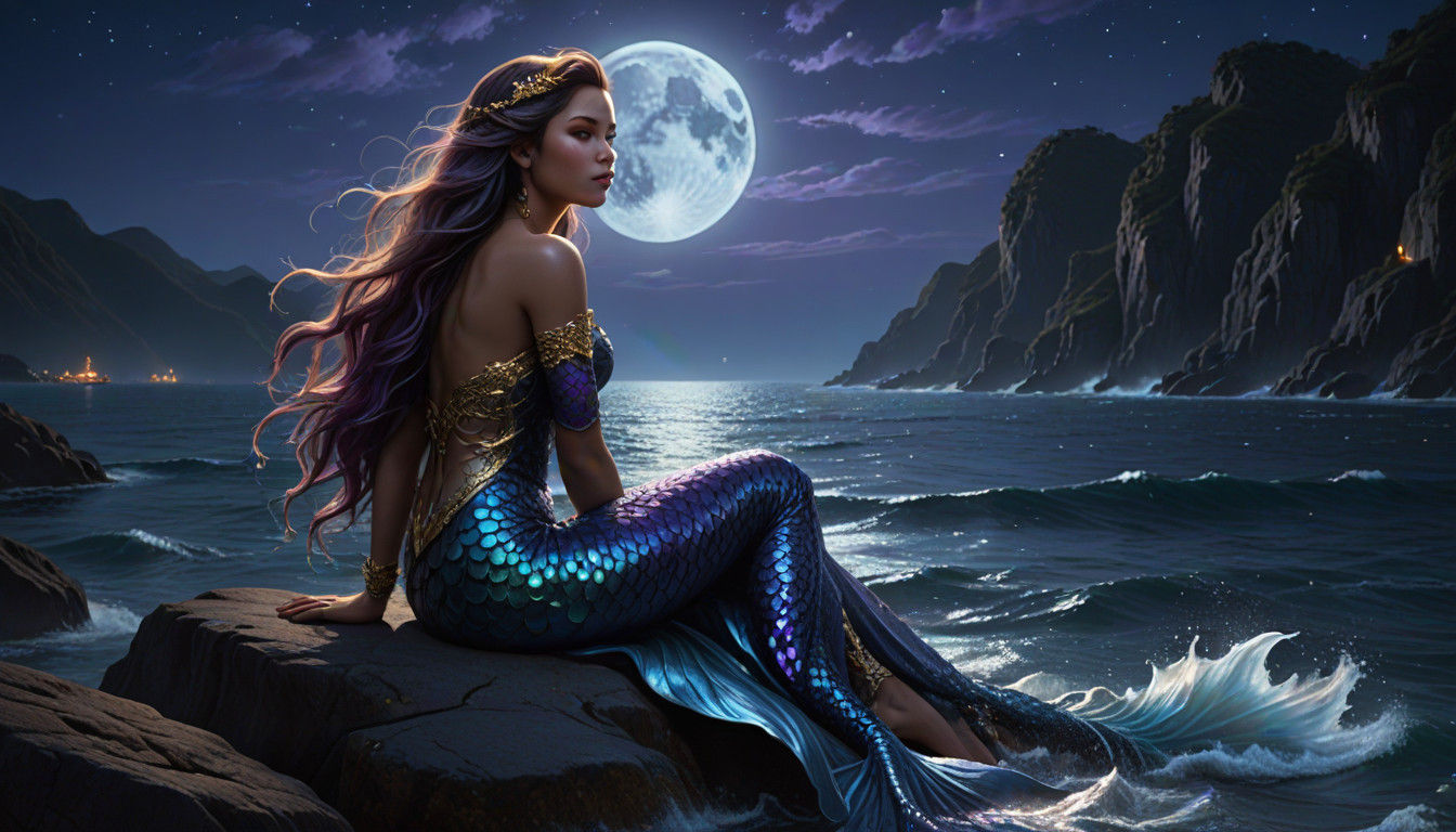 Ethereal Mermaid Shines in Moonlit Ocean Glory