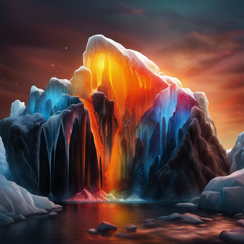 Hyperrealistic Ice World with Waterfalls and Mountains