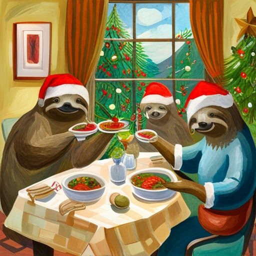 Sloths' Christmas Dinner in Gouache Watercolor Style