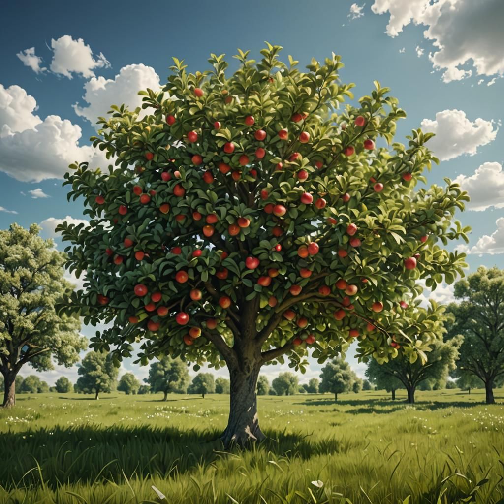 Photorealistic Apple Tree in Lush Landscape