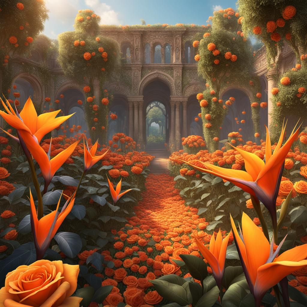 Strelitzia Flowers in an Orange Rose Garden