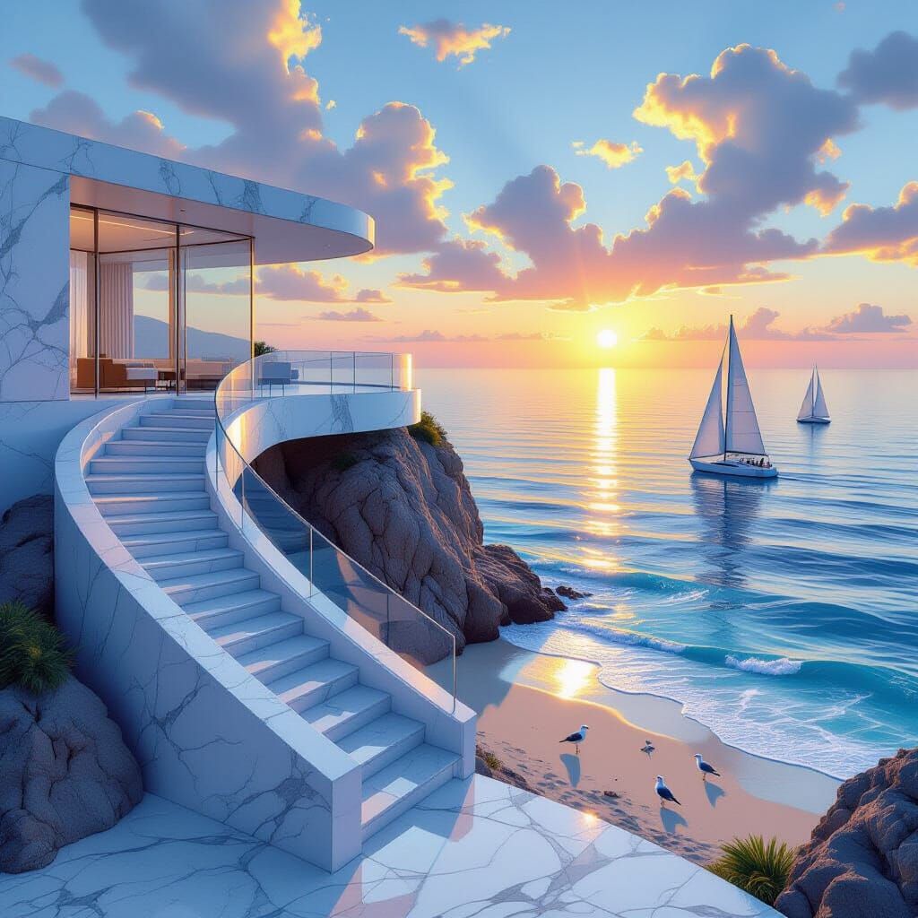 Cliffside Marble House at Sunset, Dreamy Landscape
