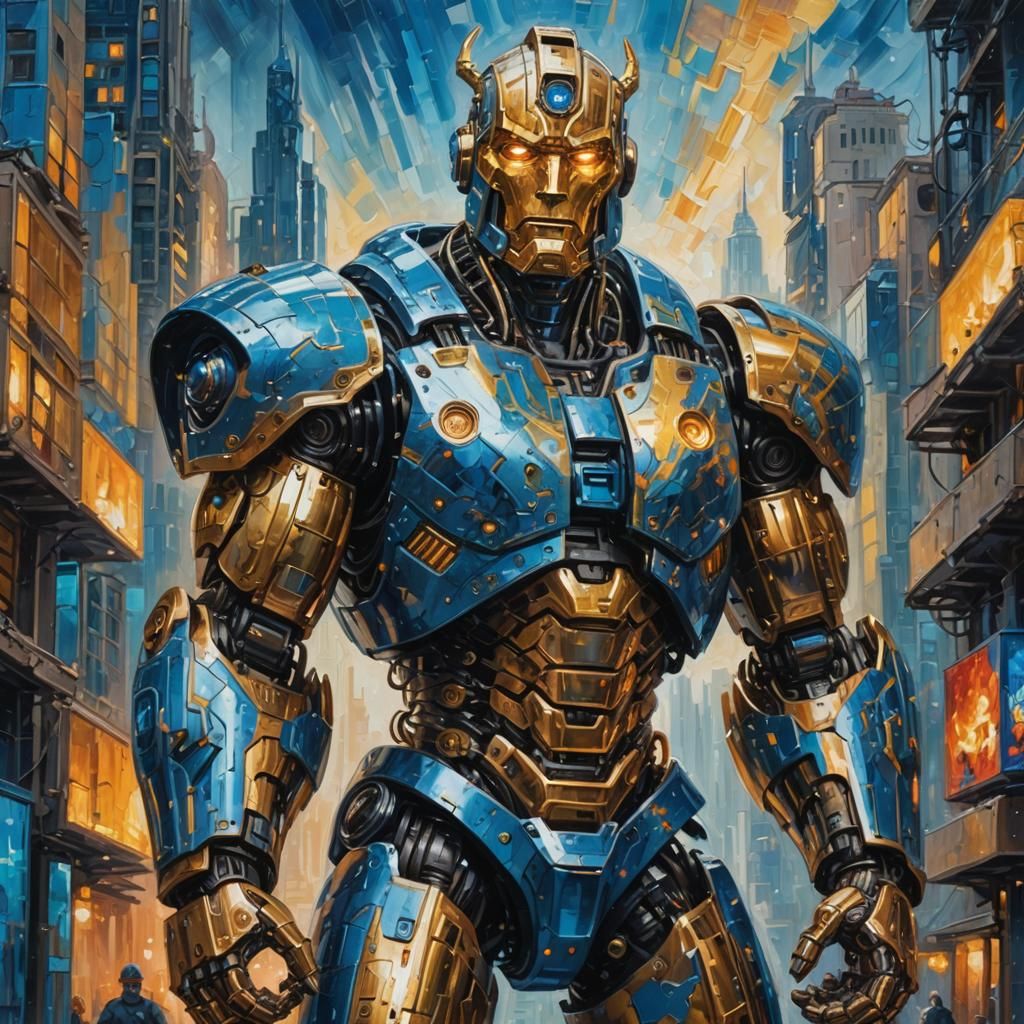Robot Hercules in Neo-Impressionist Cyberpunk Cityscape