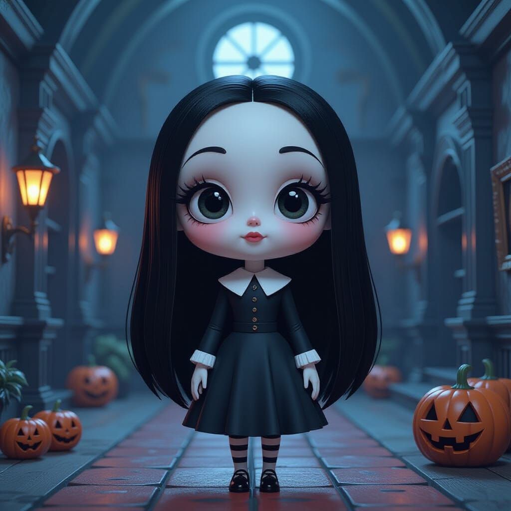 Chibi Wednesday Addams in Haunted Mansion, 3D Cubist Art