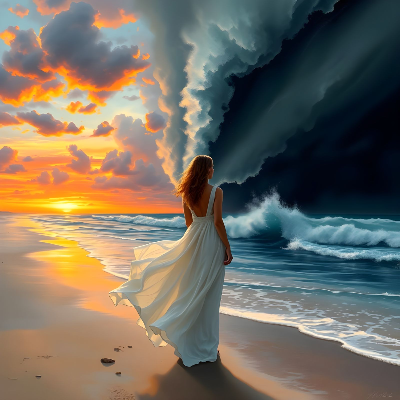 Sunset Beach and Stormy Sea Split Image