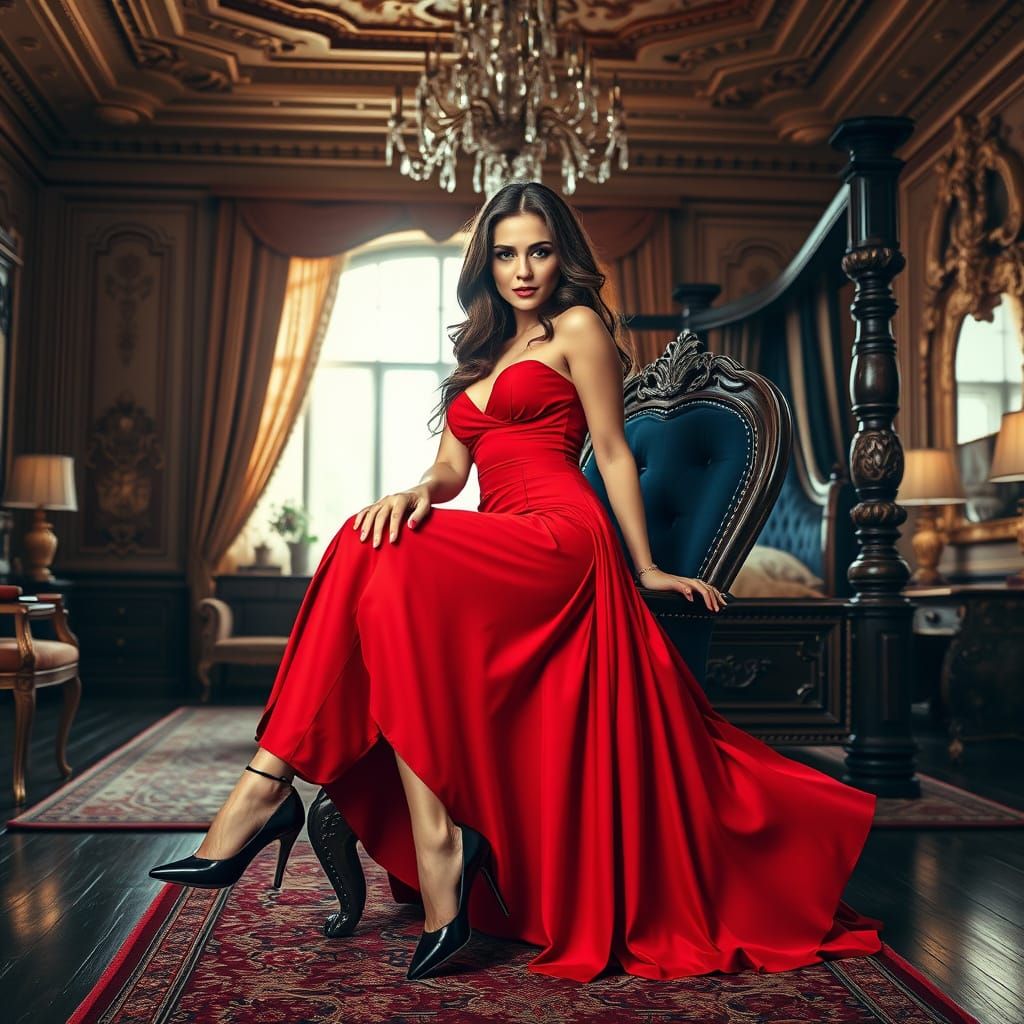 Elegant Woman in Regal Attire on Antique Chair