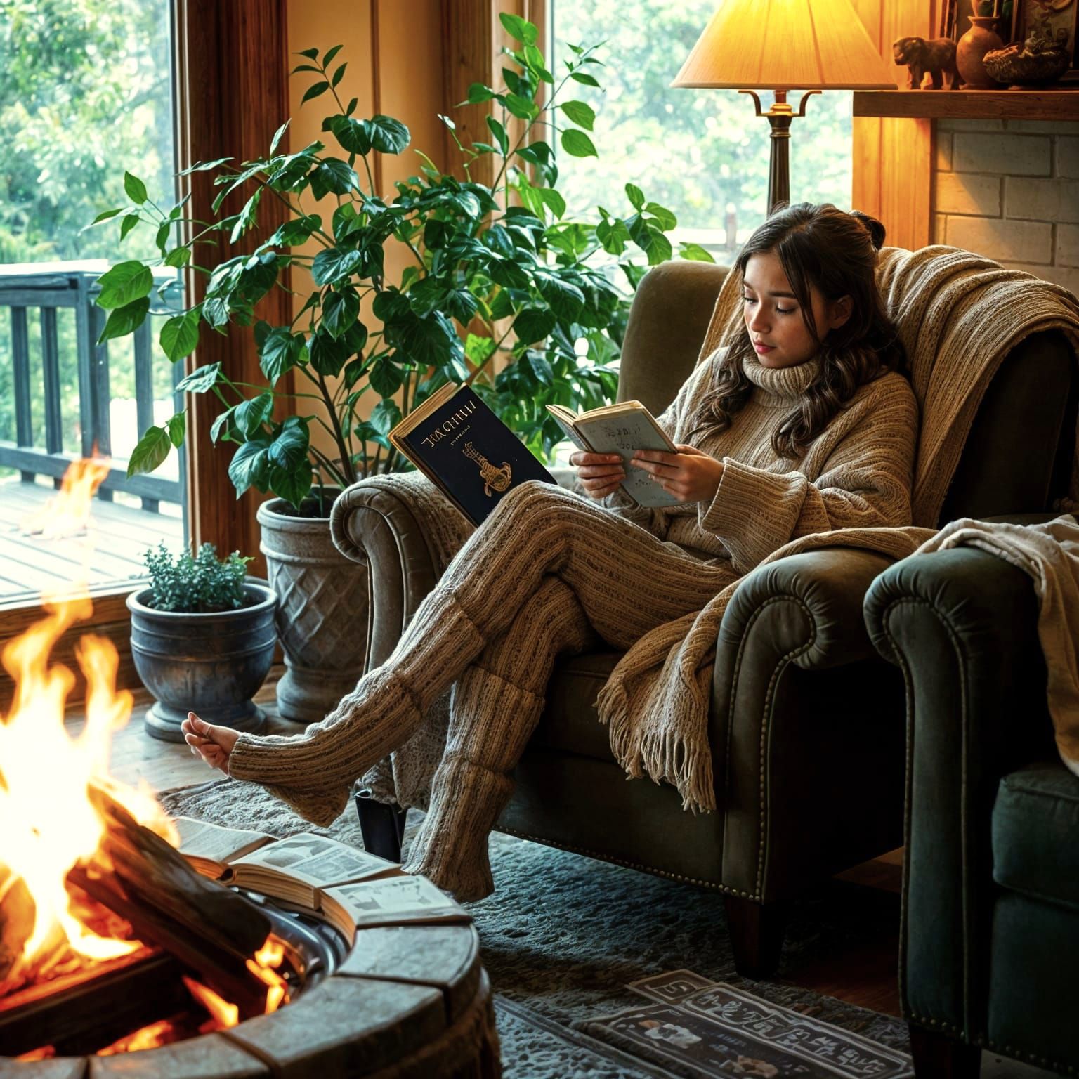 Cozy Living Room with Fireplace and Soft Blankets