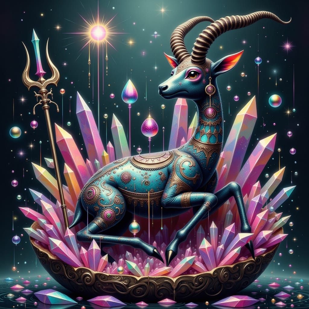 Majestic Aztec Ibex in Vibrant Geode Setting with Crystals a...