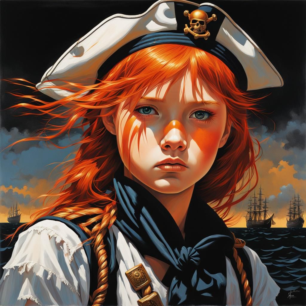 Portrait of Red-Haired Pirate Girl in Modern Art Style
