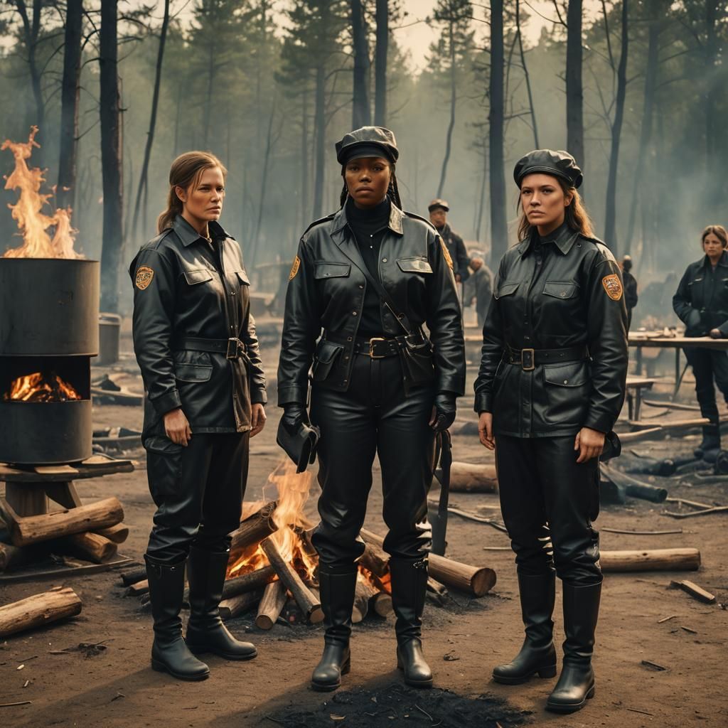 Female Prison Guards Warming by Fire: Cinematic Film Still