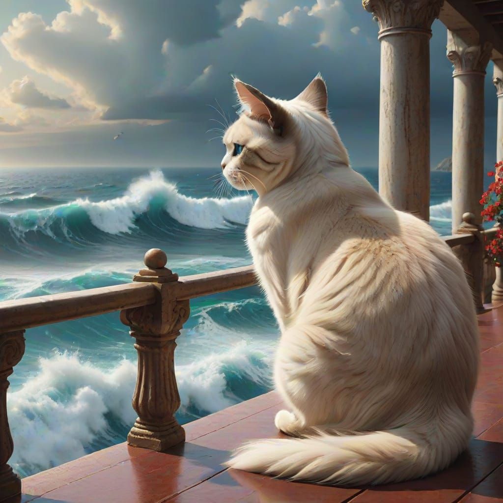 Birmanese Cat Contemplates the Turbulent Sea