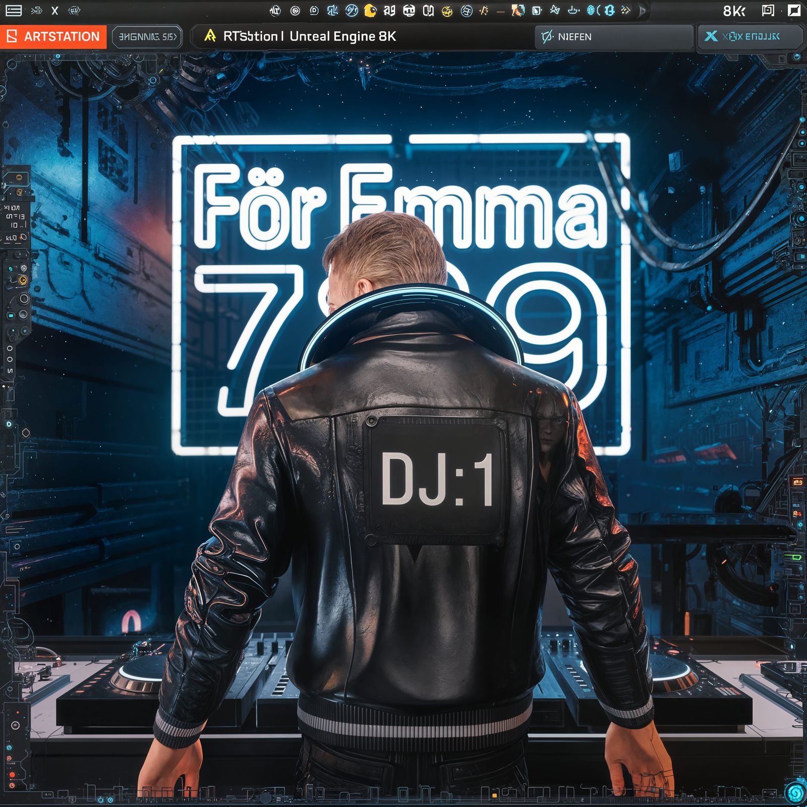 Cyberpunk Musician in Neon Cityscape, 8K