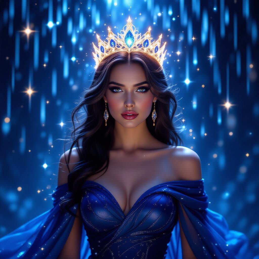 Cosmic Queen in Midnight Gown Under Starry Sky