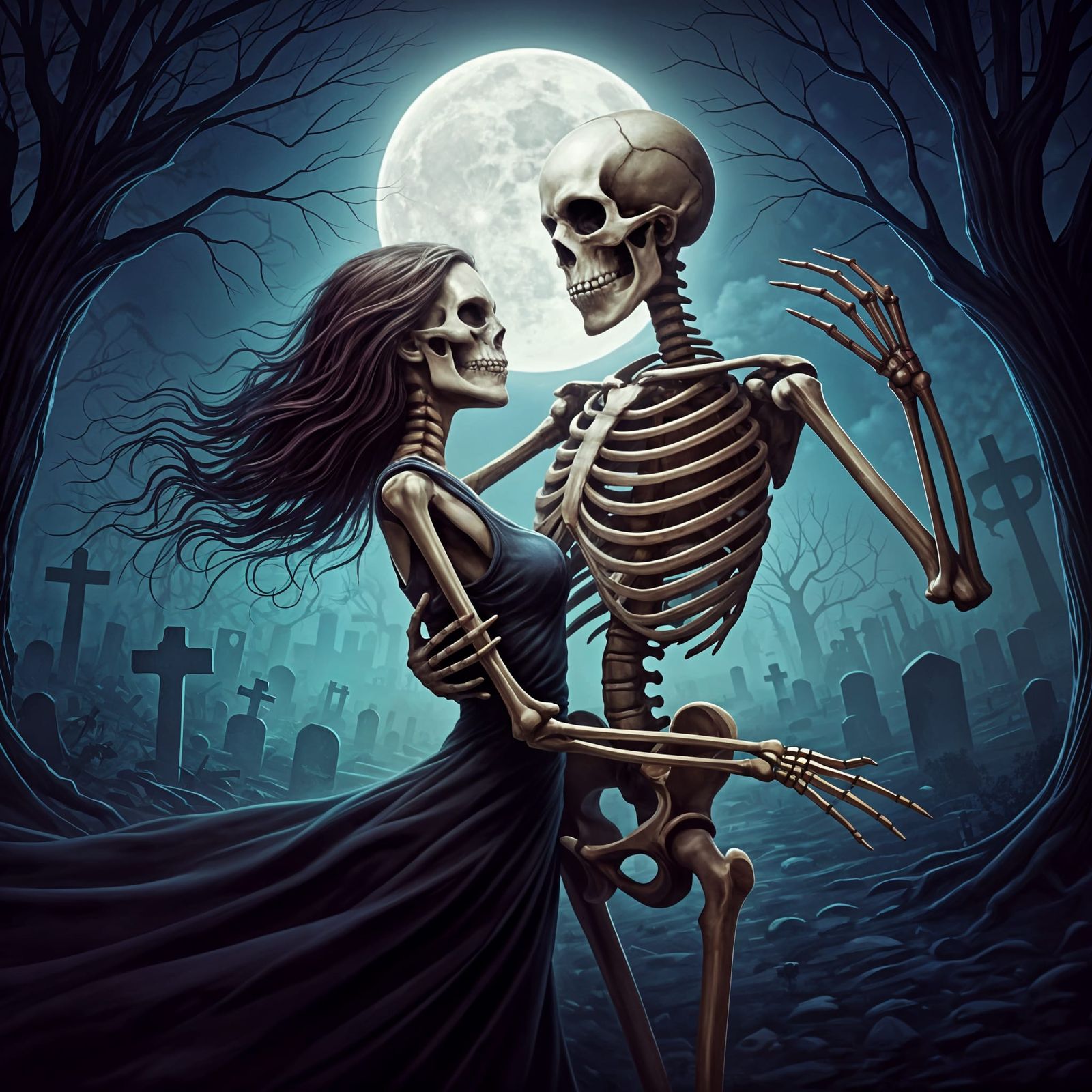 Skeletons Dancing in Cemetery Under Full Moon