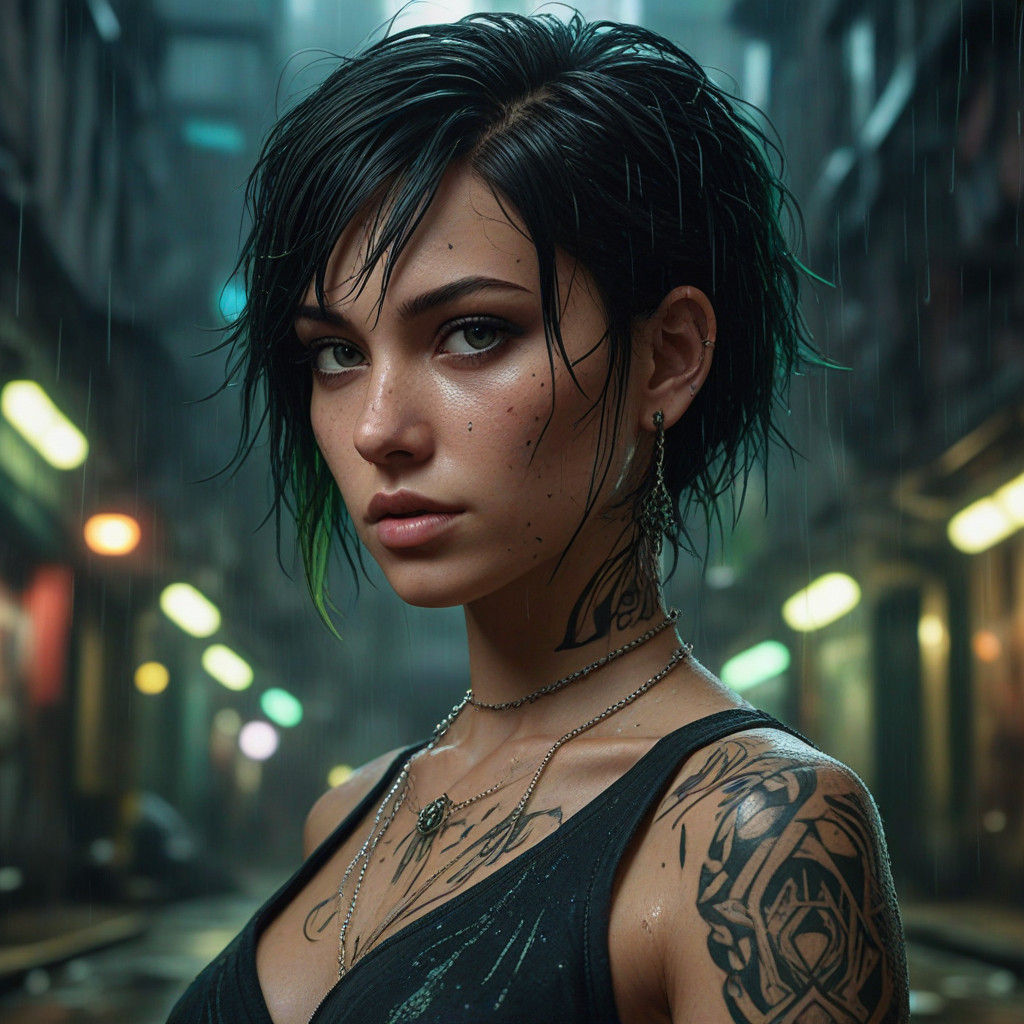 Ethereal Cyberpunk Goddess in Rain-Soaked Alleyway