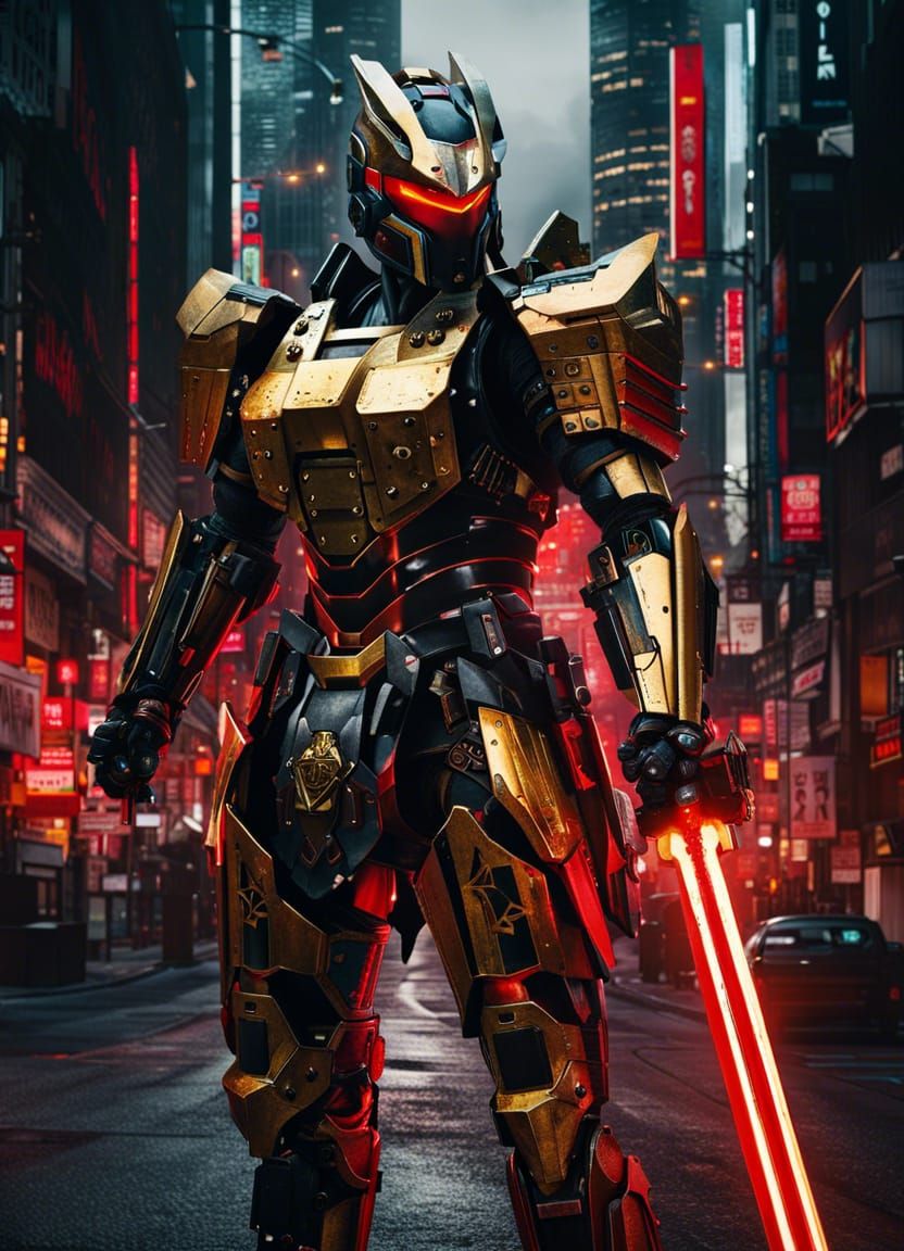 Futuristic Knight Ronin in Cyberpunk City