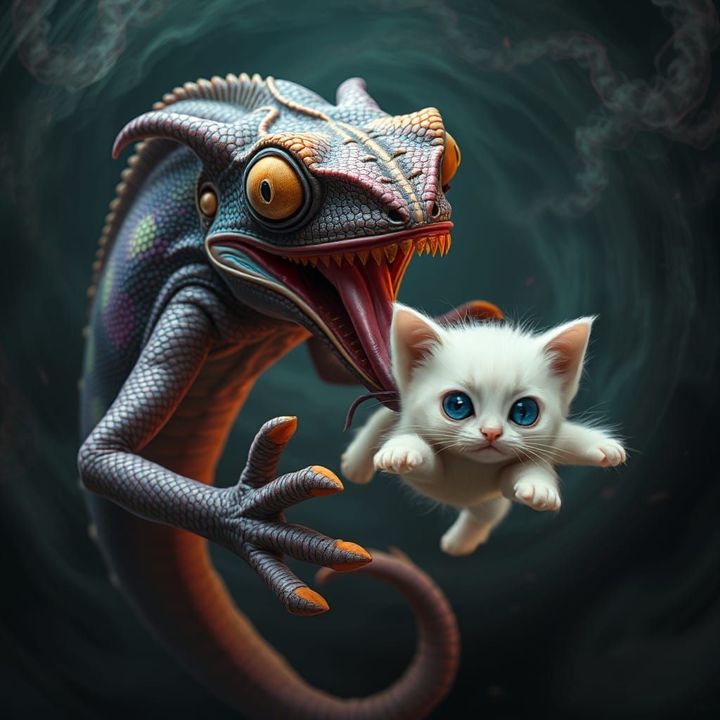 Mutant Chameleon Captures Flying Kitten in Dark Fantasy Styl...