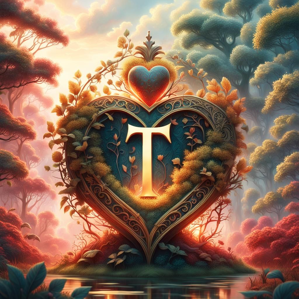 Golden Letter T in Crimson Heart: Matte Painting