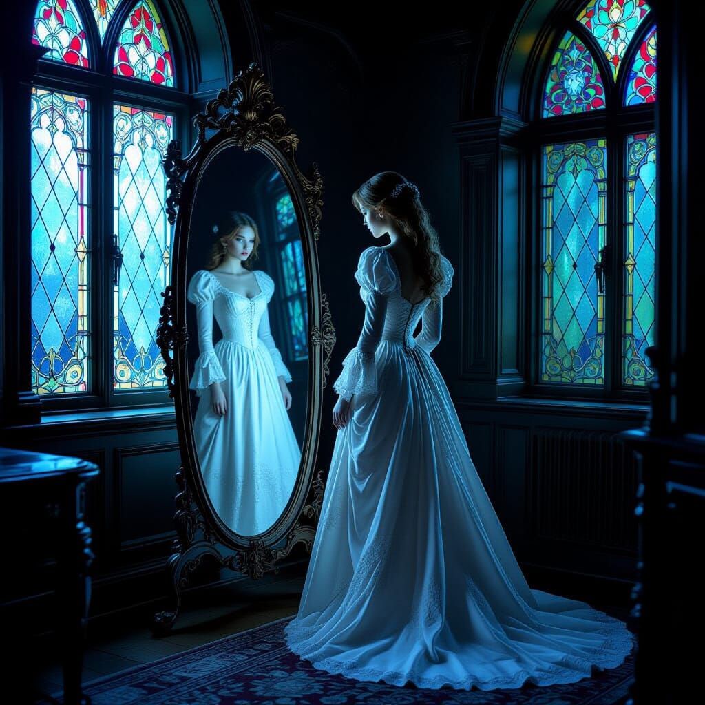 Ethereal Woman in White by Antique Mirror