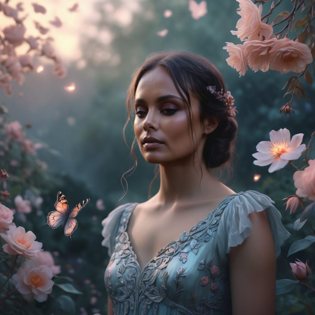 🌸 Nathalie Kelley – The Bloom Oracle
Prompt:
She stands in the center of a glowing garden that only blooms at twilight....