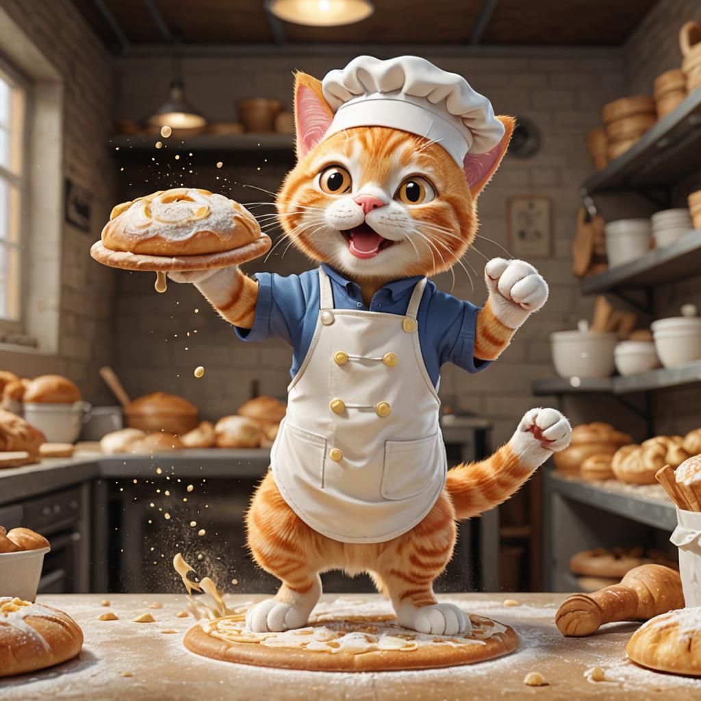 Orange Tabby Cat Baker Kneading Dough in 3D Cartoon