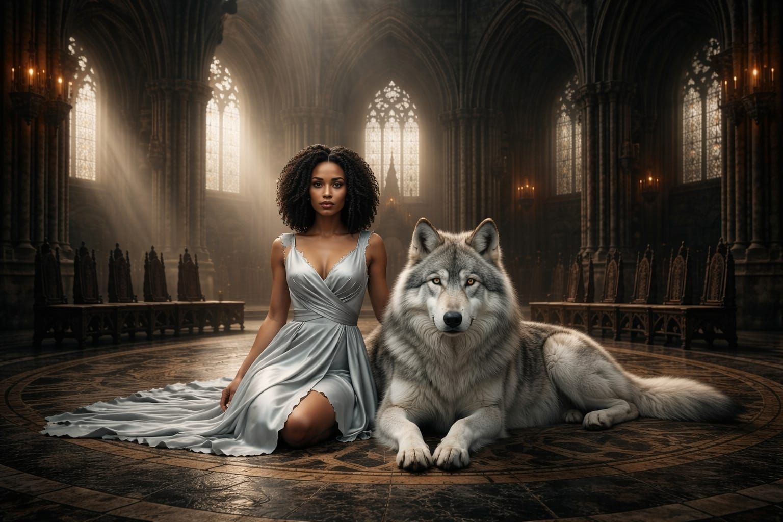 Woman and Wolf Posed Together in a Protective Scene
