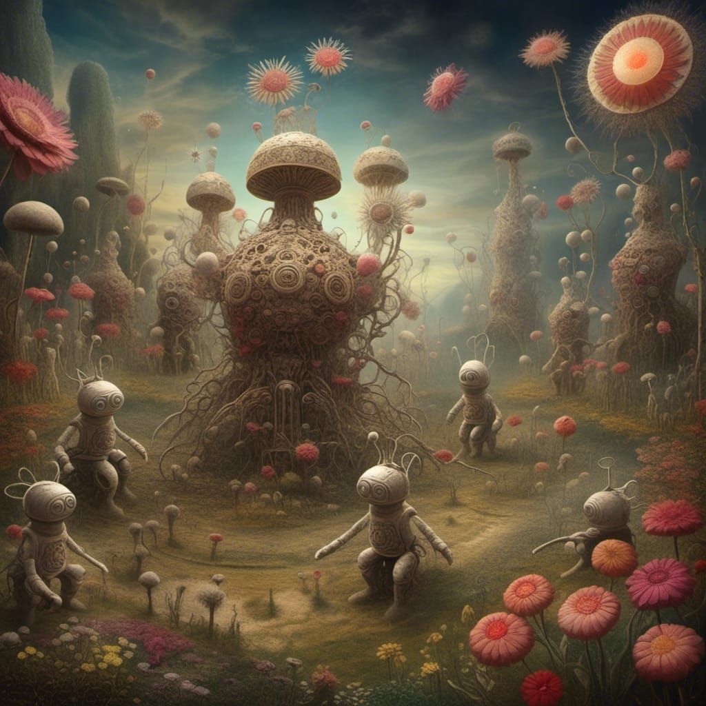 Cute Robots in a Flower Garden