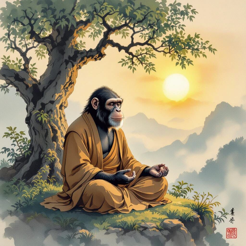 Chimpanzee Meditating Under Bodhi Tree in Ink Wash Style