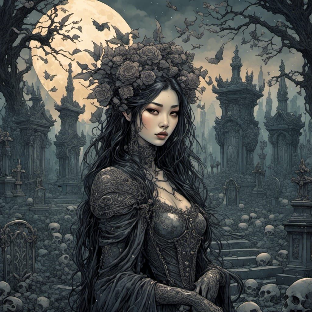 Asian Cyborg in Rainy Cemetery at Night