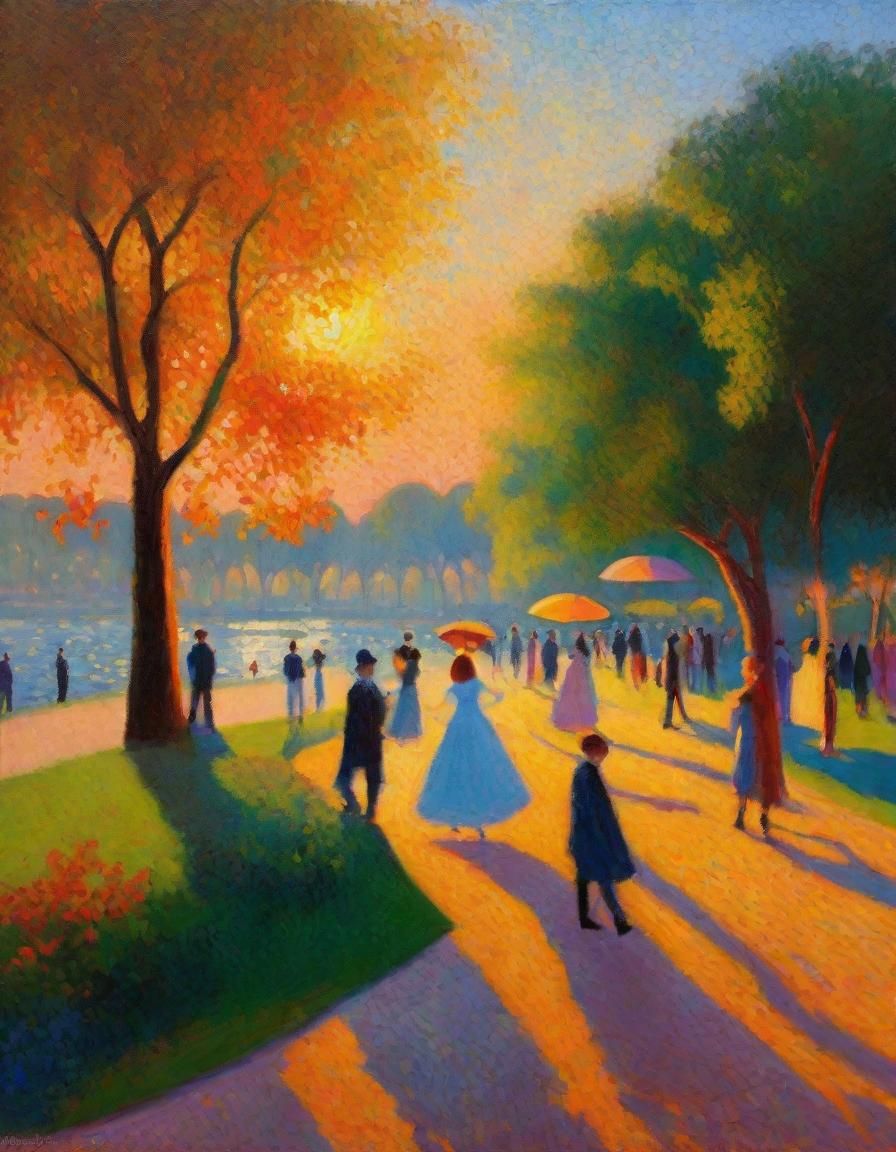 French Park Sunset in Pointillist Impressionist Style