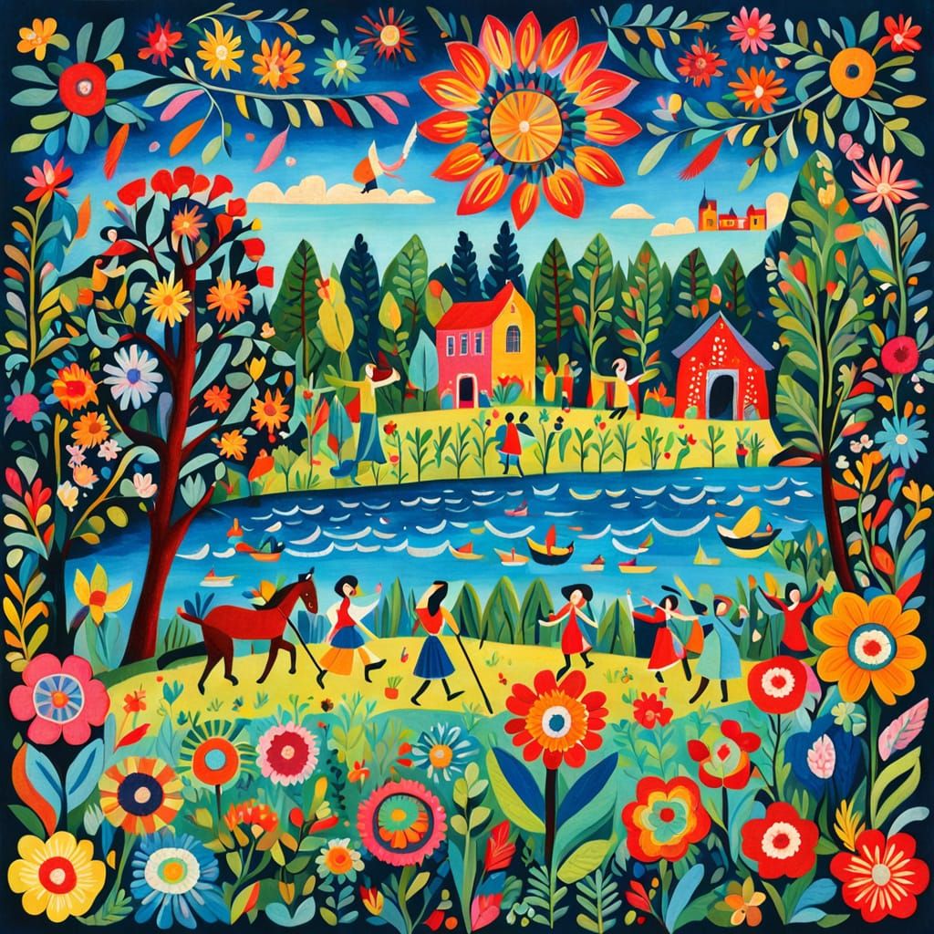 Vibrant Folk Art Dance at Watermill in Triadic Colors