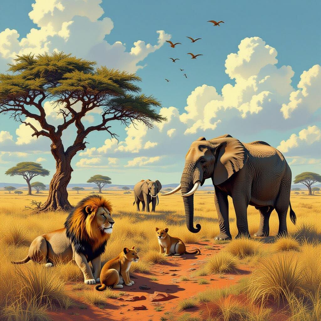 African Savanna Wildlife in a Unique Illustrative Style