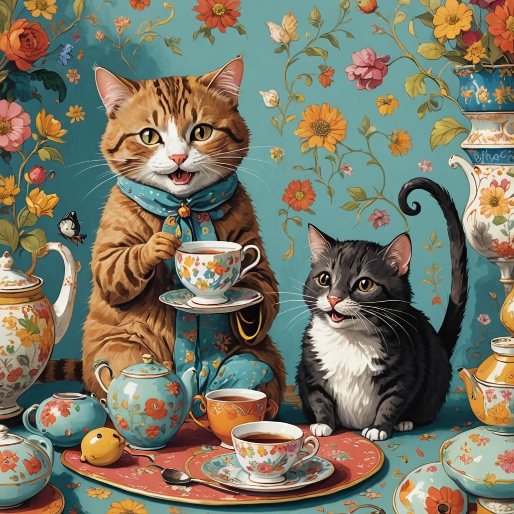 Cat and Mouse Tea Party in Vibrant Colors