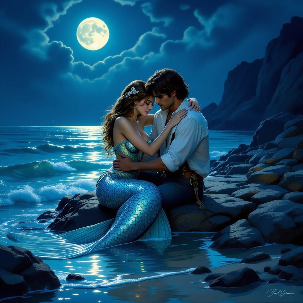 Mermaid Embraces Sailor on Moonlit Shore