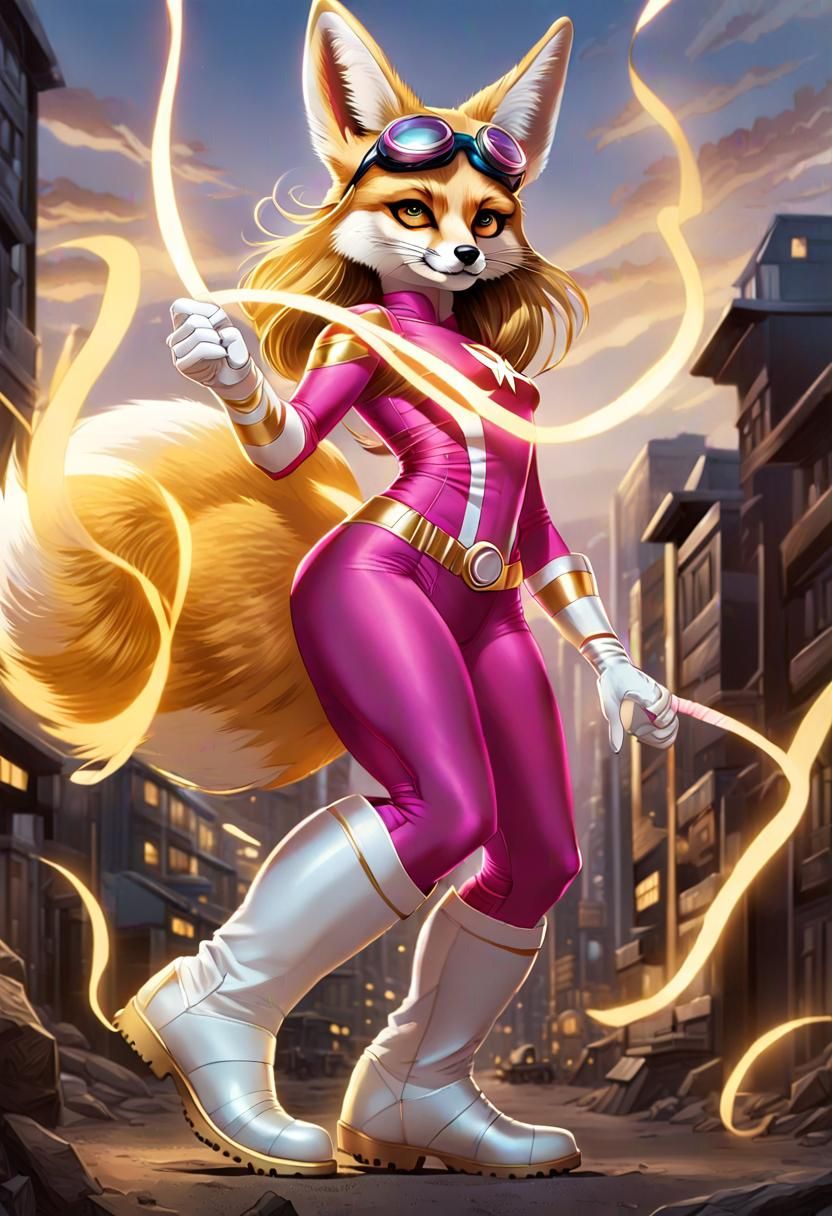 Giant Fennec Fox Superheroine in Futuristic City