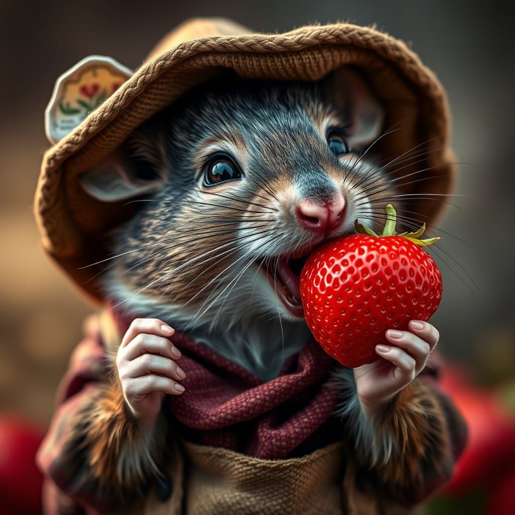 Anthropomorphic Mouse Farmer Enjoys Strawberry