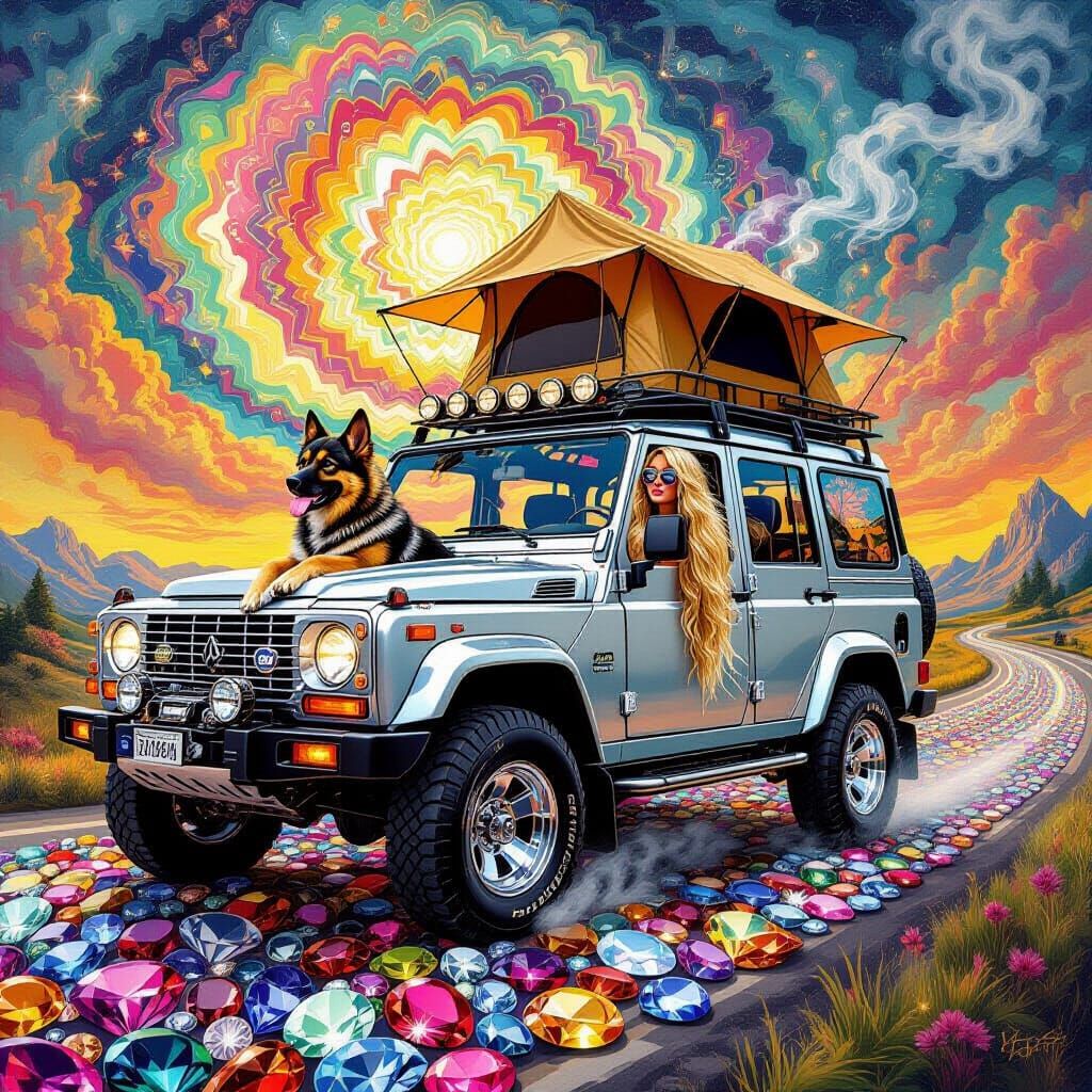 Hippie Chic Woman Drives Jewel Road in Steampunk SUV