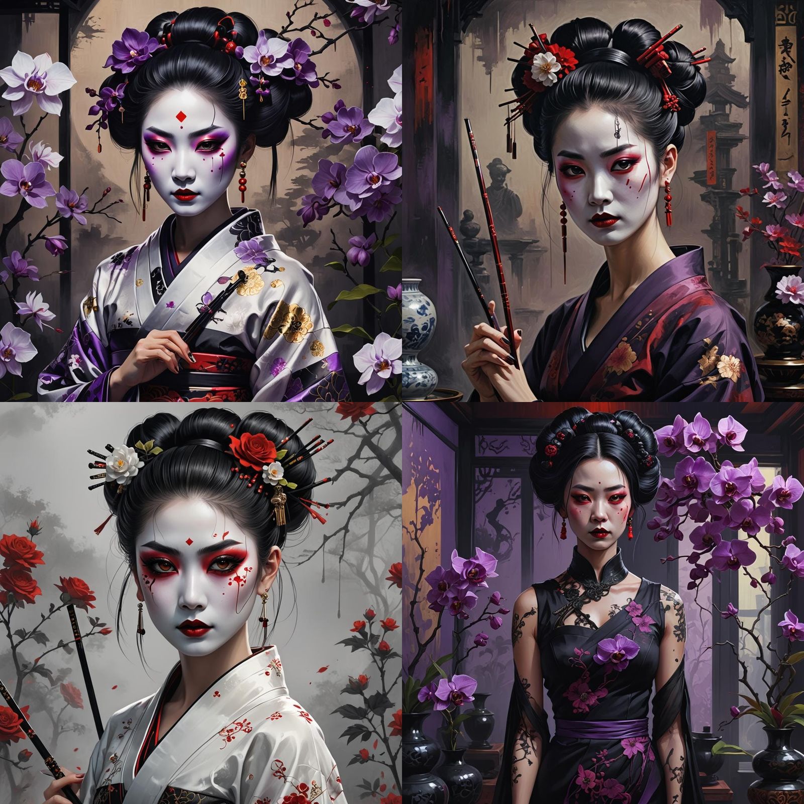 Goth Geisha with Purple Orchids: Detailed Matte Painting