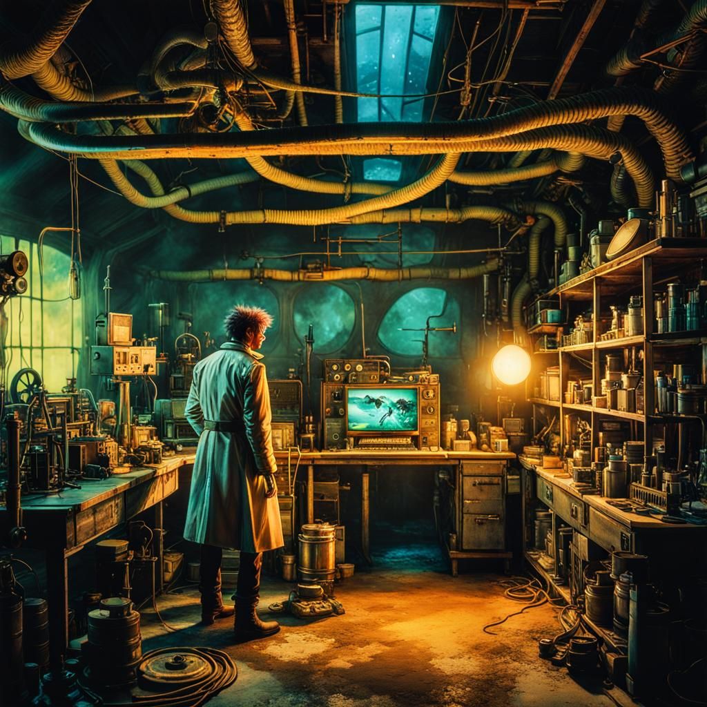 Post-Apocalyptic Mad Scientist in Steampunk Watercolor Style