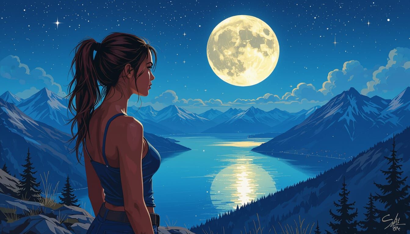 Confident Woman Overlooking Lake in Graffiti Art Style