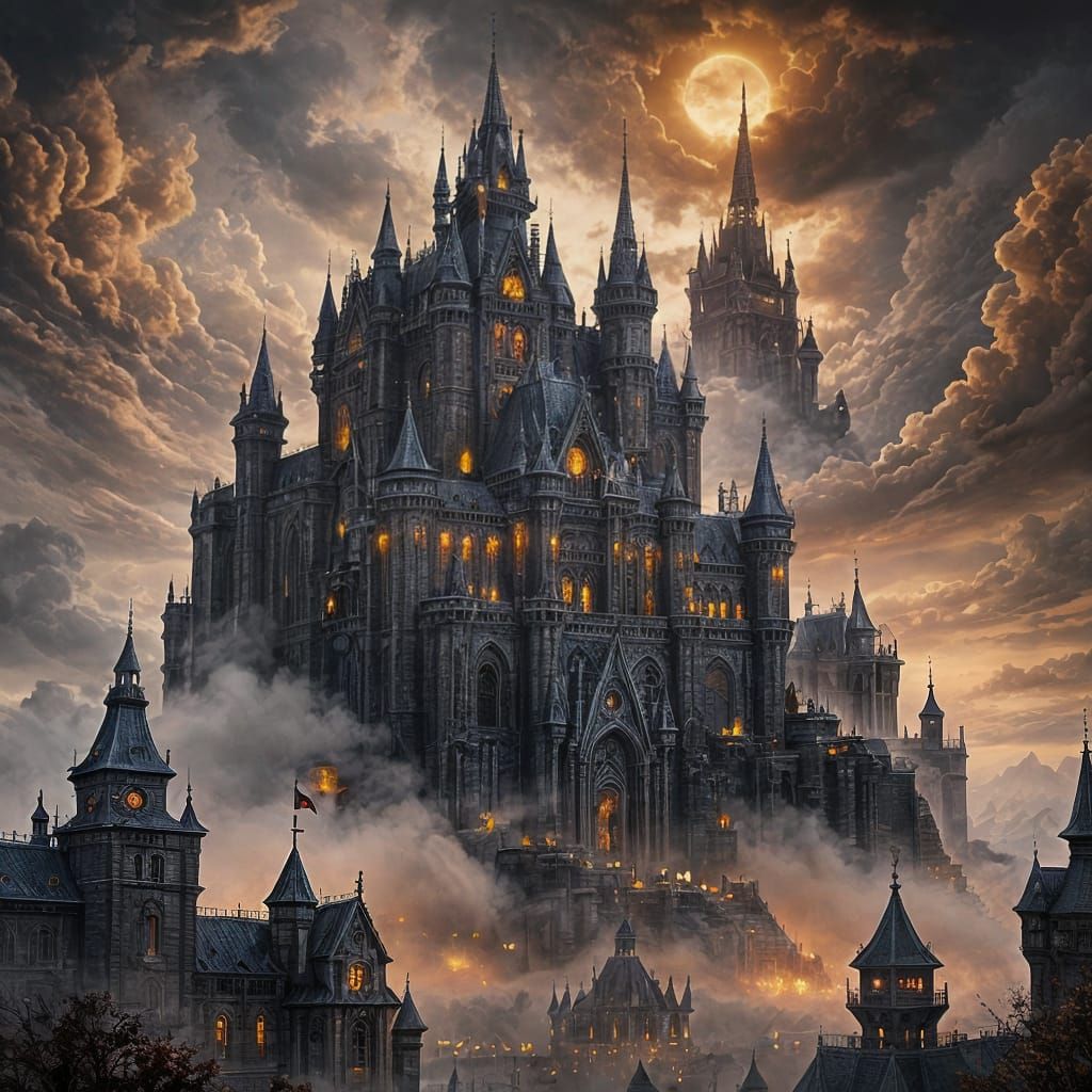 Steampunk Cyberpunk Castle in Stormy Sky