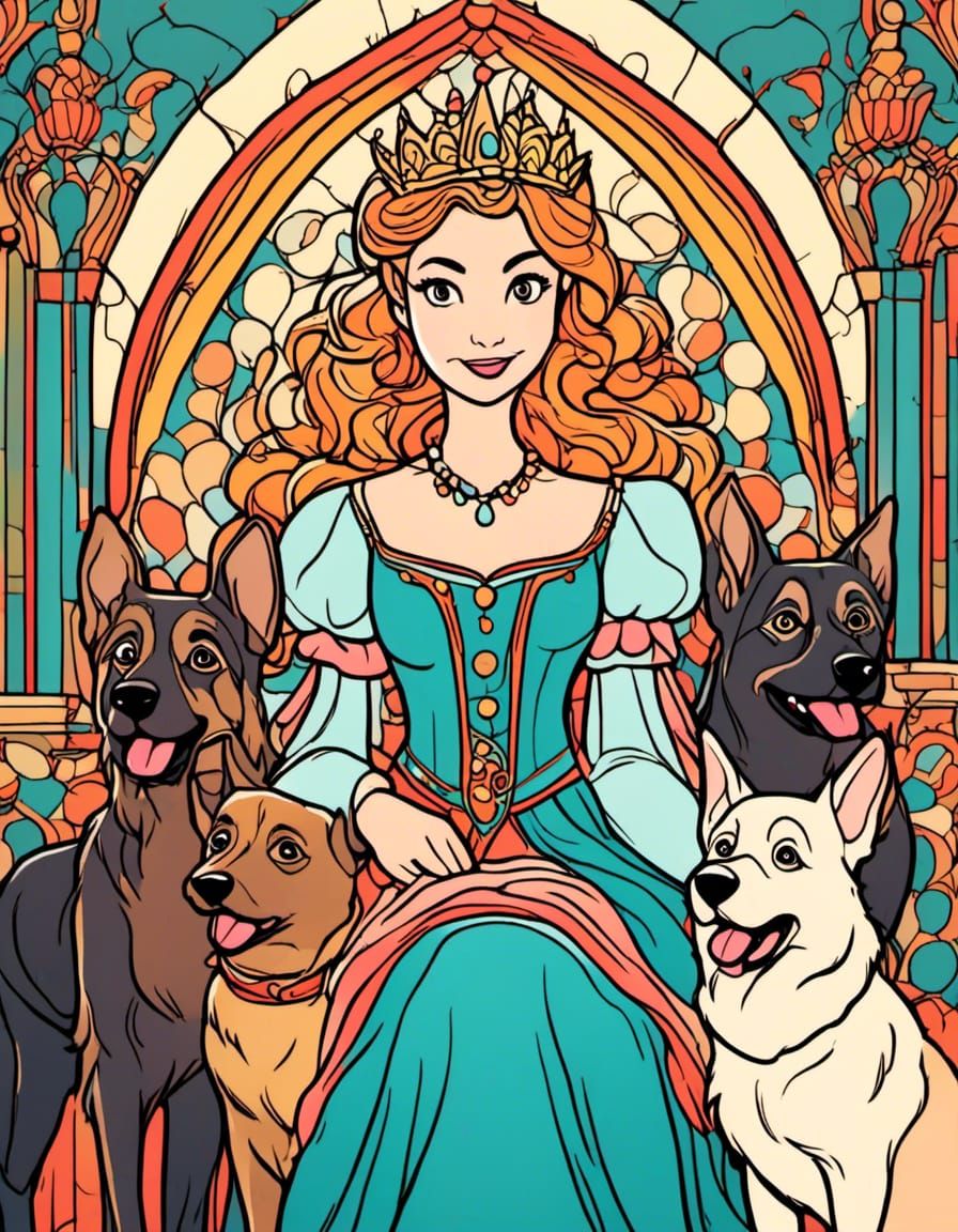 Whimsical Disney-Style Princess with German Shepherds