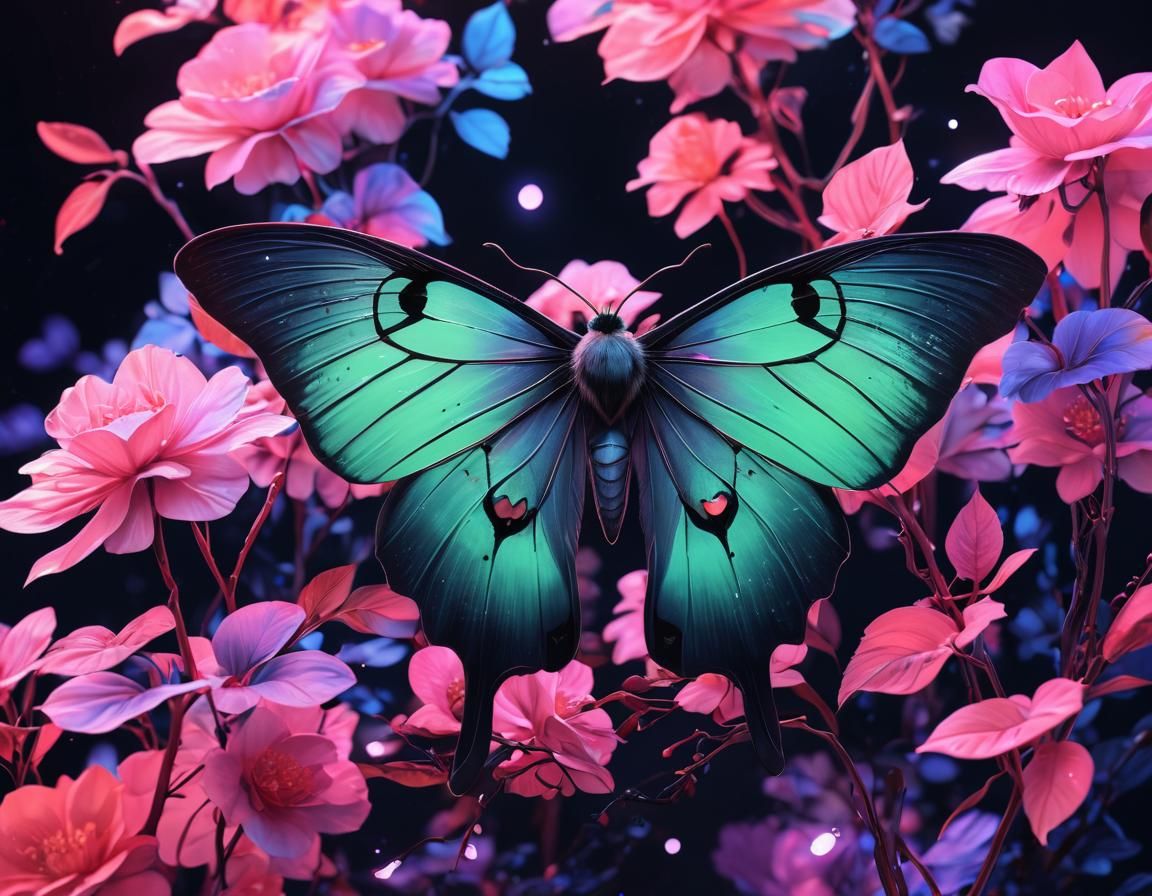 Holographic Luna Moth in Watercolor with Neon Accents