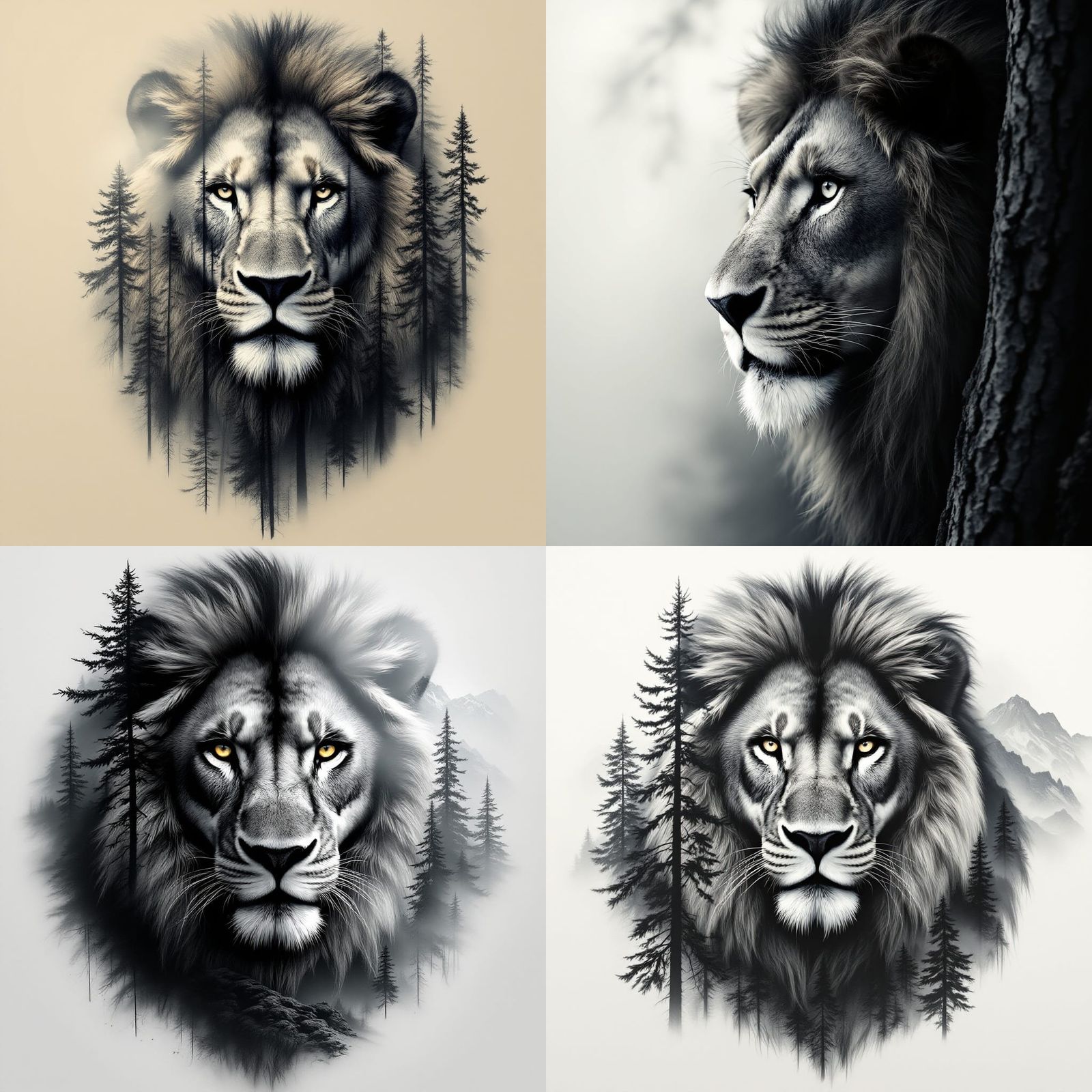 Hyper-Realistic Lion Tattoo Design in Forest Landscape