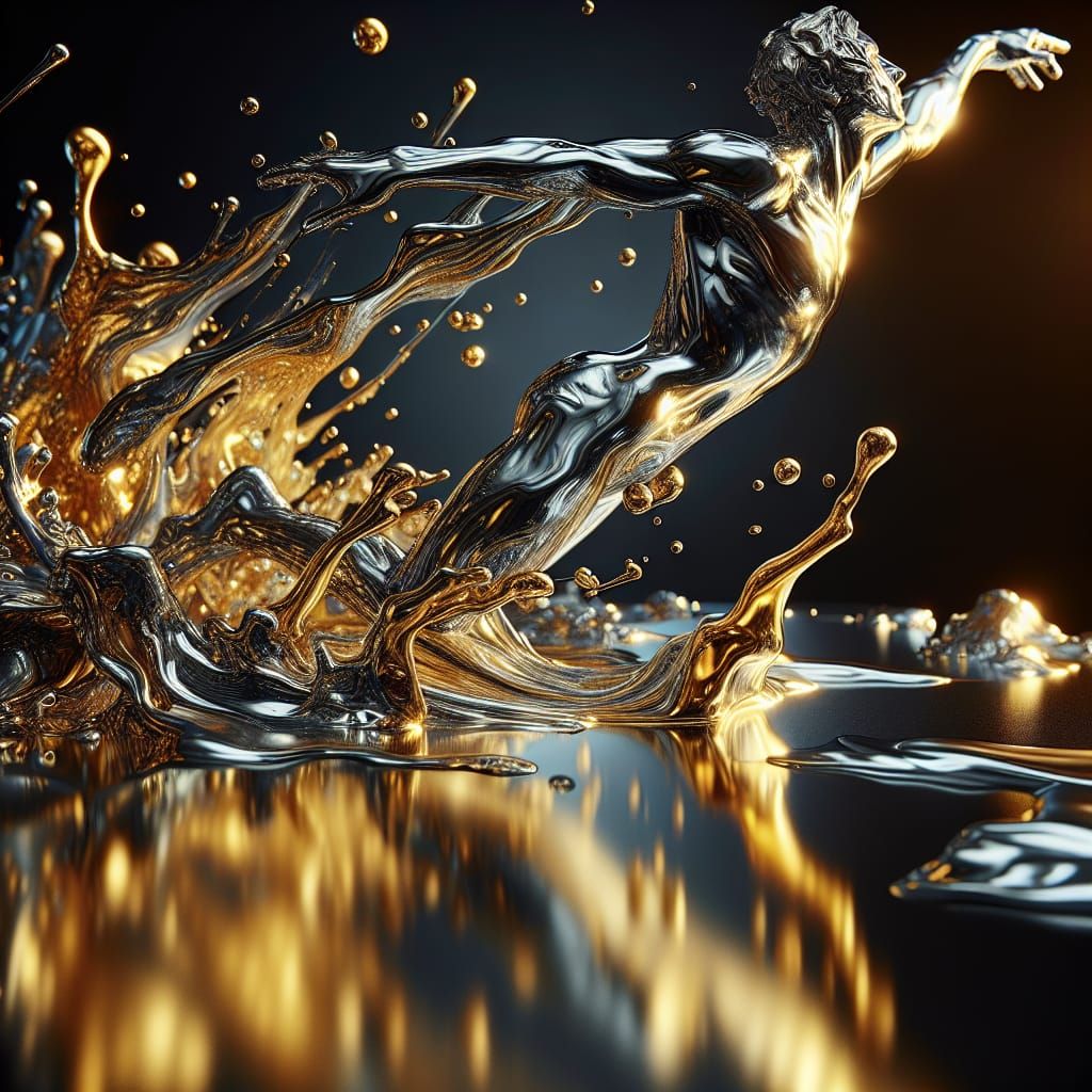 Dynamic Liquid Gold Figure Emerges from Metallic Mixture