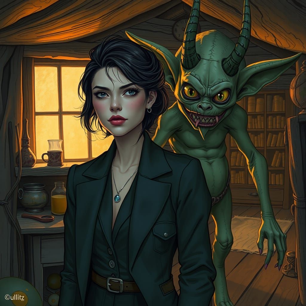 Woman Confronts Goblin in Whimsical Cabin Setting