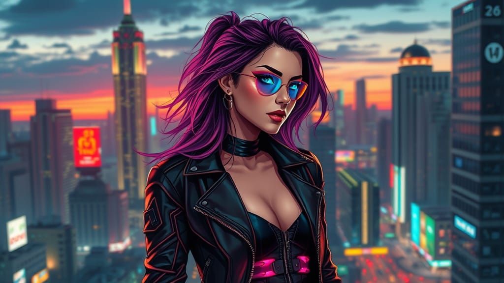 Cyborg Woman in Cityscape, Comic Book Art