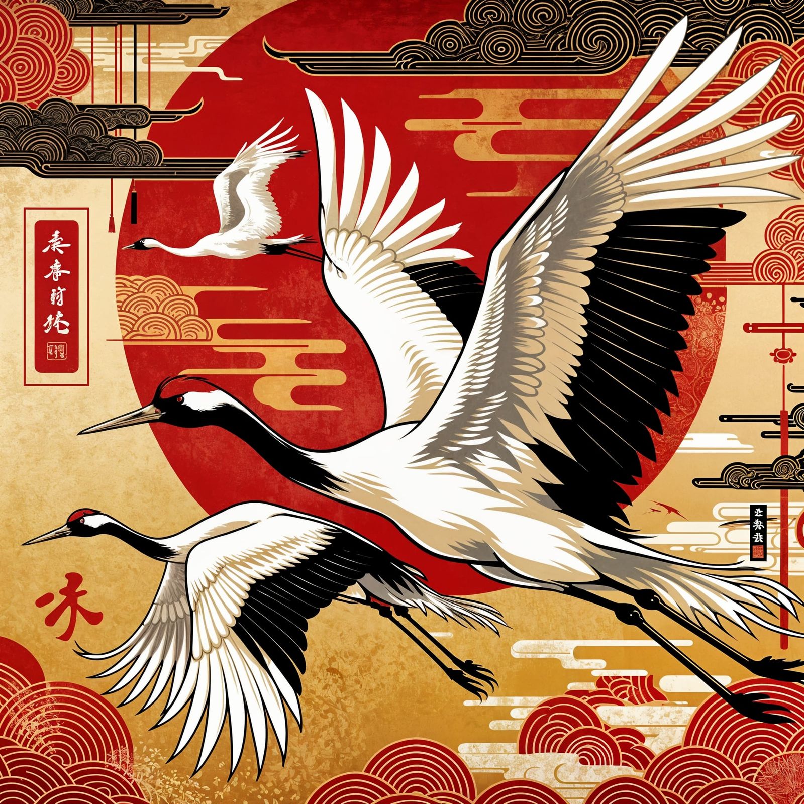Majestic Red-Crowned Cranes in Traditional Chinese Art